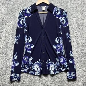 Cache Top Womens XS Blue Floral‎ Long Sleeve Stretch Vintage 90s